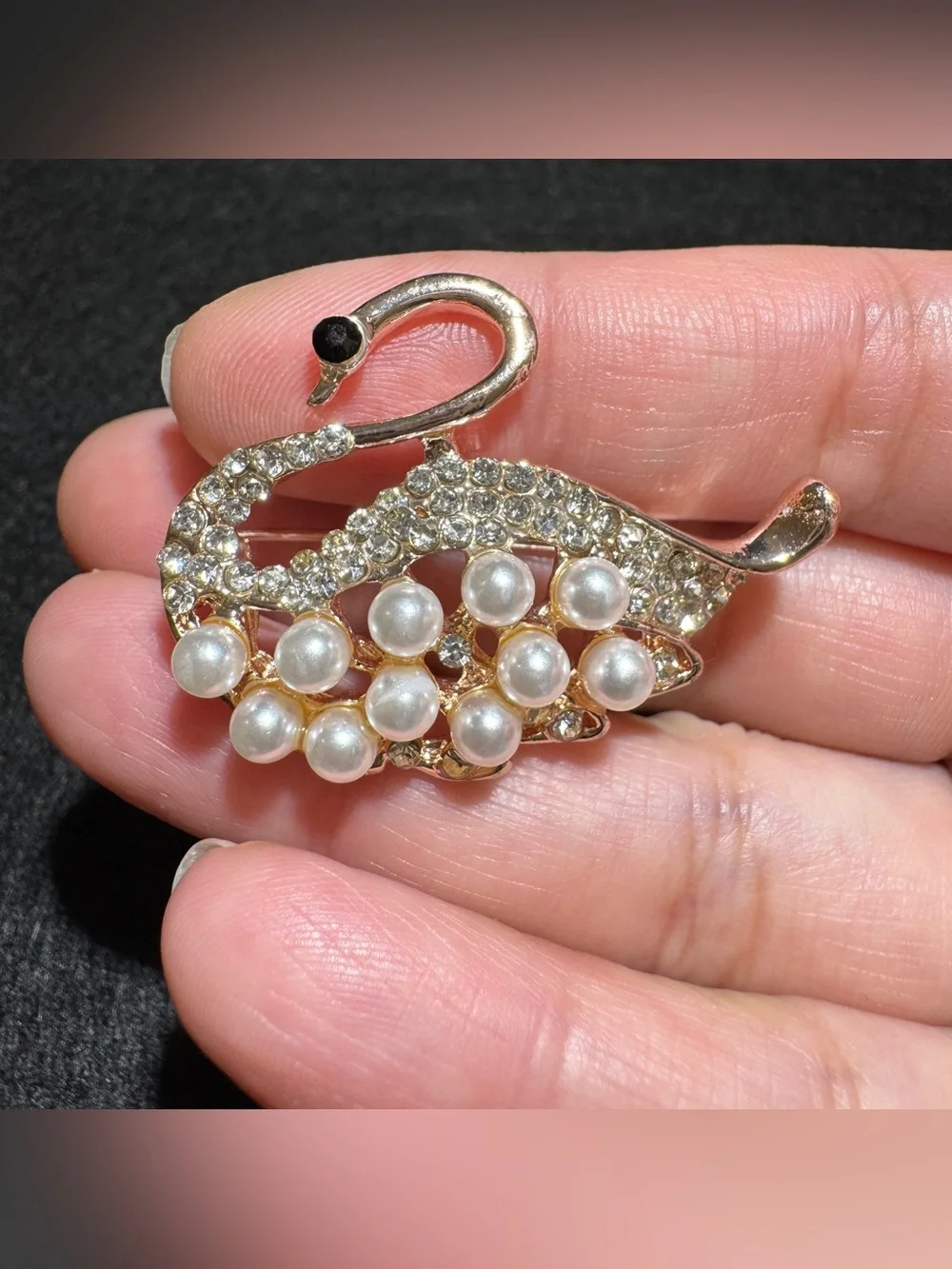 Vintage Swan Pearl Crystal Brooch Pin